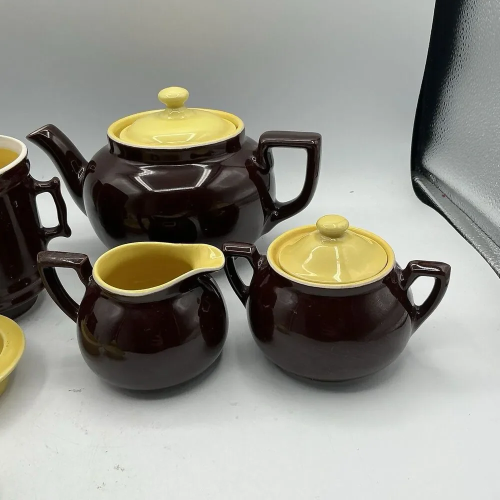Vintage Hall China 536 Brown Mustard Yellow Tea Set 21 Pc 10 Mugs USA